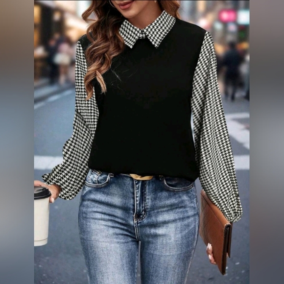 Women Elegant Houndstooth Textured Collar Long Sleeve Casual Office Shirt - Picture 1 of 4